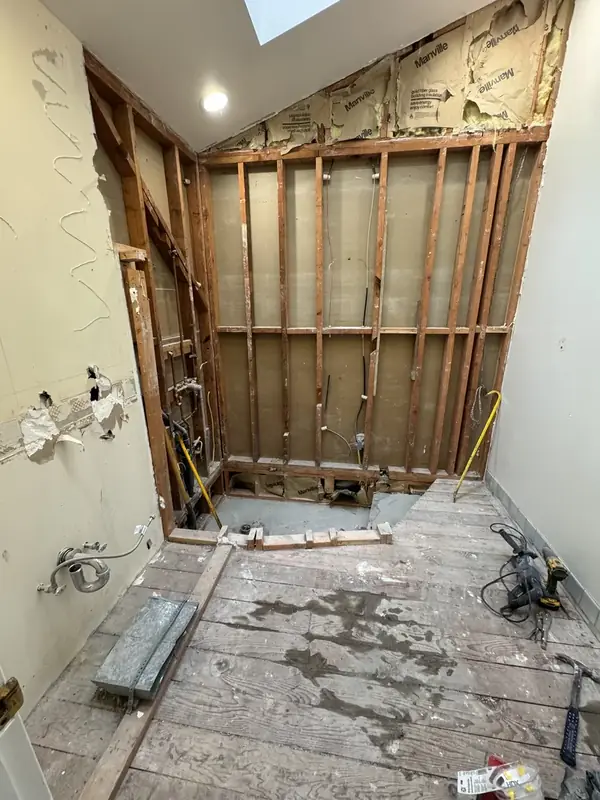 Master bathroom stripped to the studs during remodel